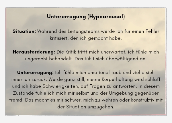 Window of Tolerance - ein Beispiel Untererregung (Hypoarousal) Situation: Während des Leitungsteams werde ich für einen Fehler kritisiert, den ich gemacht habe. Herausforderung: Die Kritik trifft mich unerwartet, ich fühle mich ungerecht behandelt. Das fühlt sich überwältigend an. Untererregung: Ich fühle mich emotional taub und ziehe sich innerlich zurück. Werde ganz still, meine Körperhaltung wird schlaff und ich habe Schwierigkeiten, auf Fragen zu antworten. In diesem Zustande fühle ich mich mir selbst und der Umgebung gegenüber fremd. Das macht es mir schwer, mich zu wehren oder konstruktiv mit der Situation umzugehen.